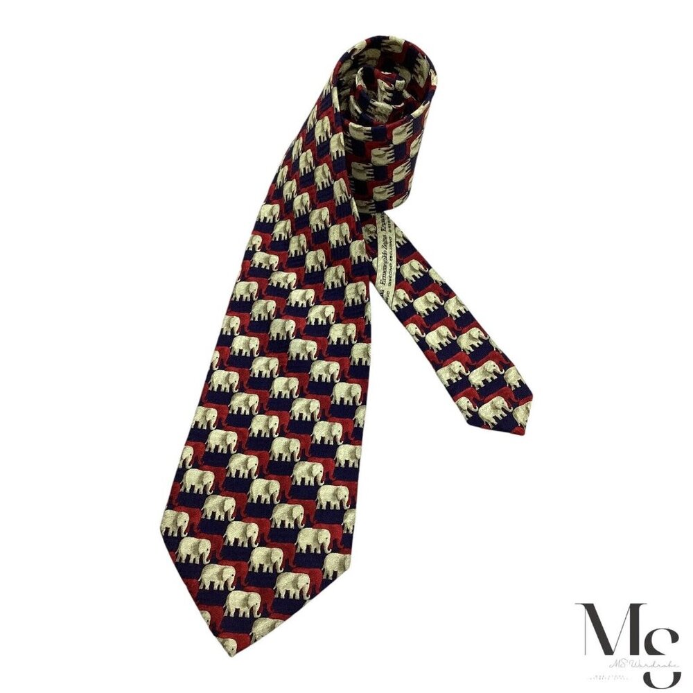 Ermenegildo Zegna Red & Blue Elephant Print Silk Tie Made In Italy W: 3.75" E C